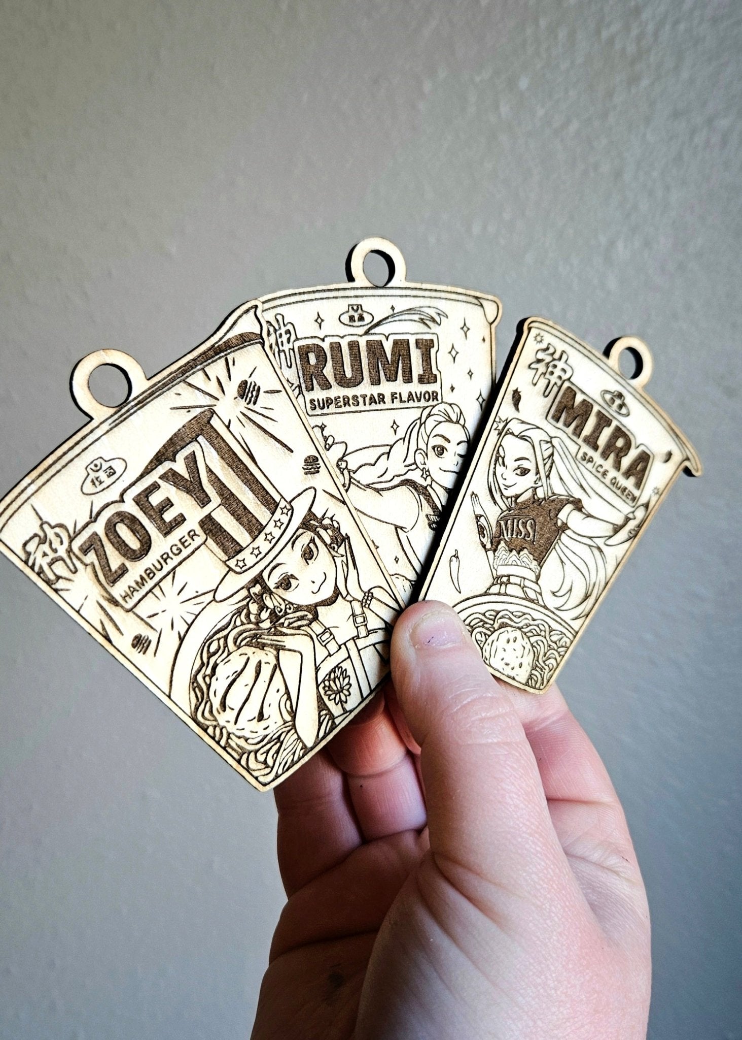 Handmade Made - To - Order 3.25" Wooden Coloring Rumi, Mira, or Zoey Kpop Movie Inspired Ramyeon Keychain - Wynne & Wiley