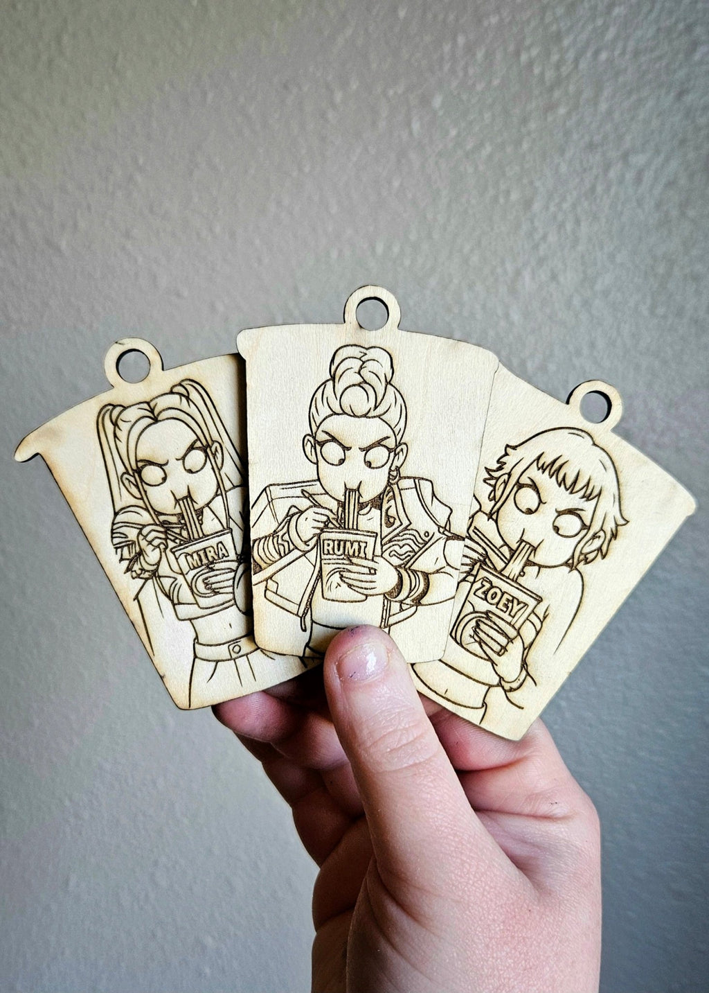 Handmade Made - To - Order 3.25" Wooden Coloring Rumi, Mira, or Zoey Kpop Movie Inspired Ramyeon Keychain - Wynne & Wiley