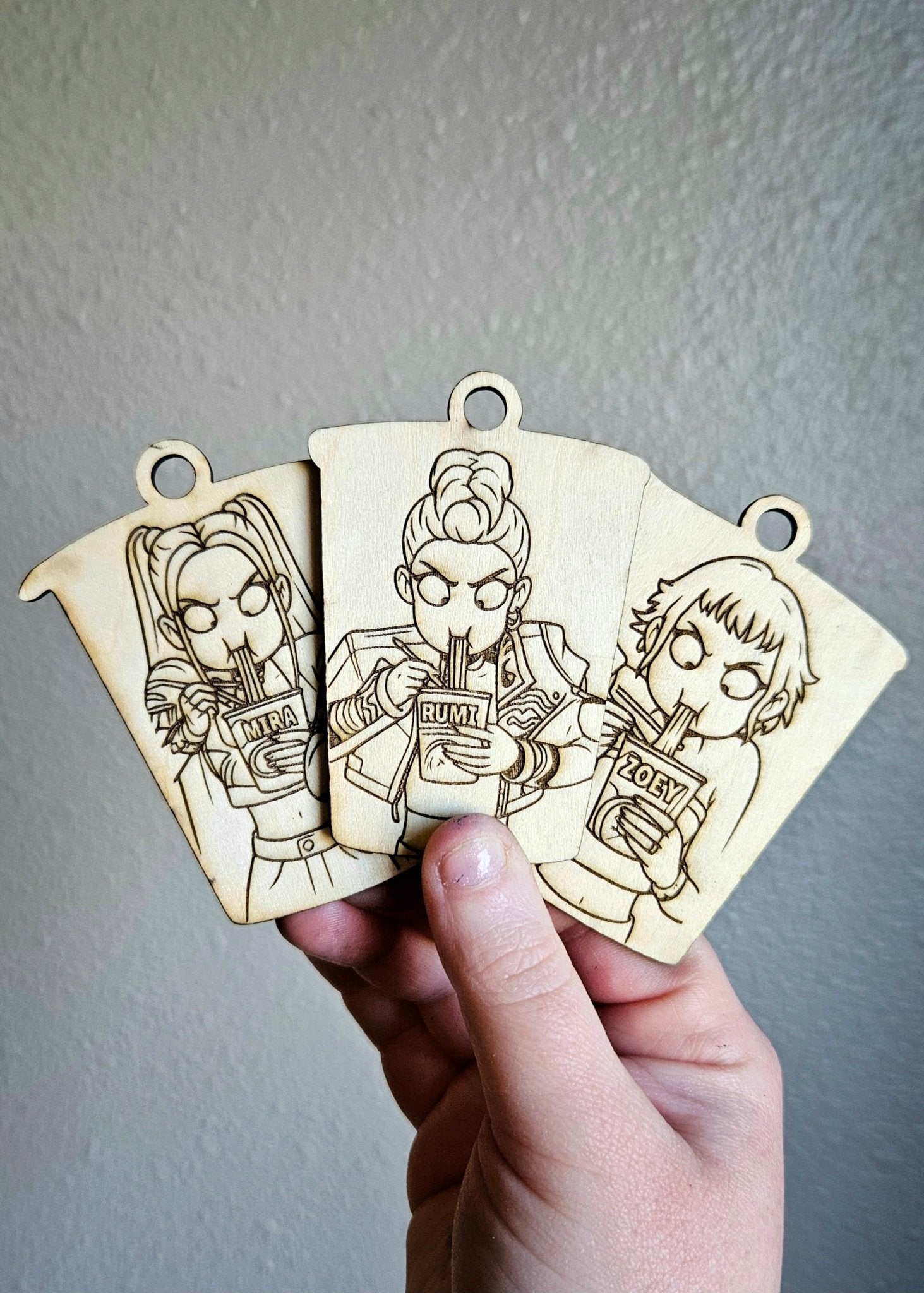Handmade Made - To - Order 3.25" Wooden Coloring Rumi, Mira, or Zoey Kpop Movie Inspired Ramyeon Keychain - Wynne & Wiley