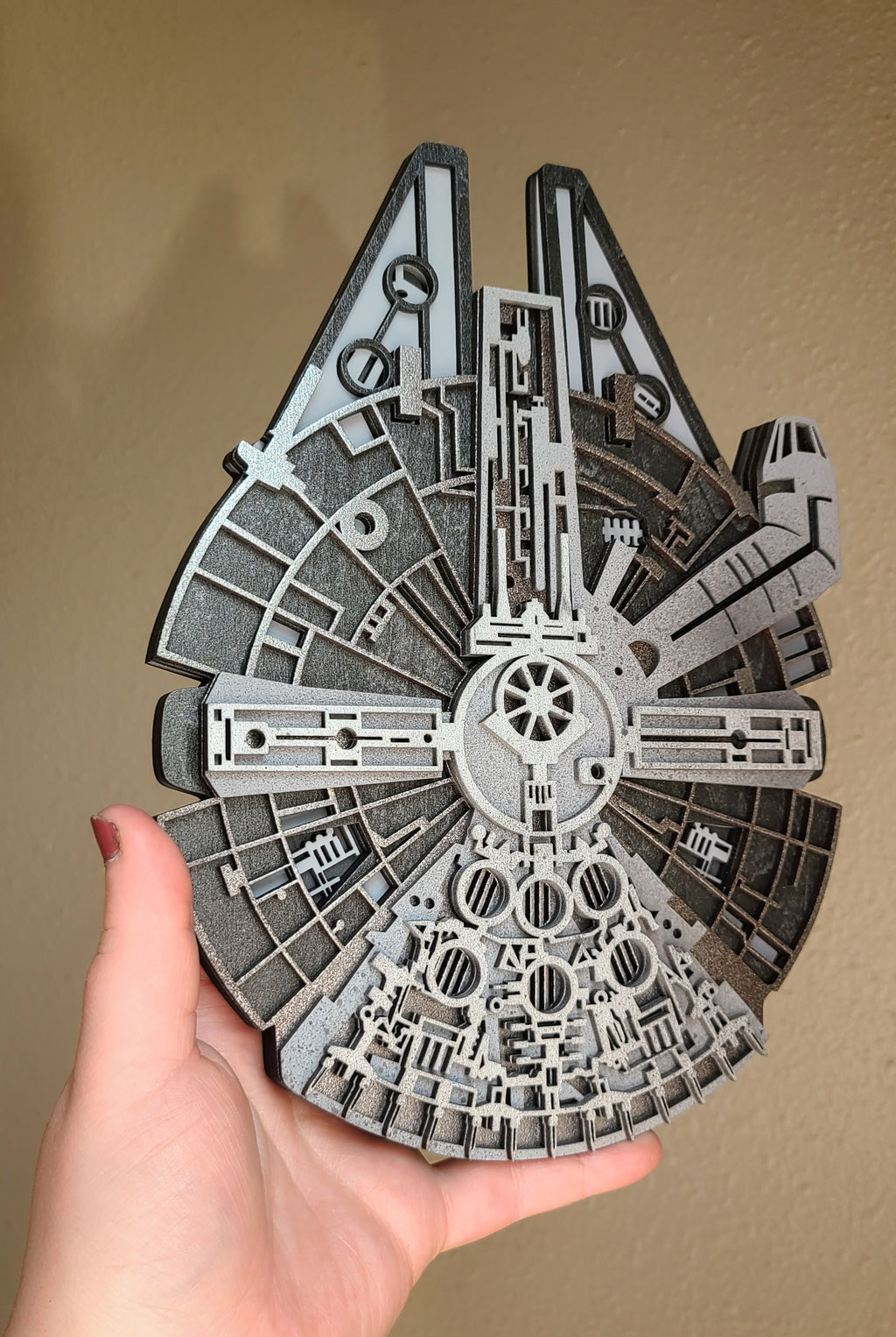 Handmade Made-To-Order 9" Wooden Layered Smuggler Starship Millennium Falcon Movie Inspired Wall Decor