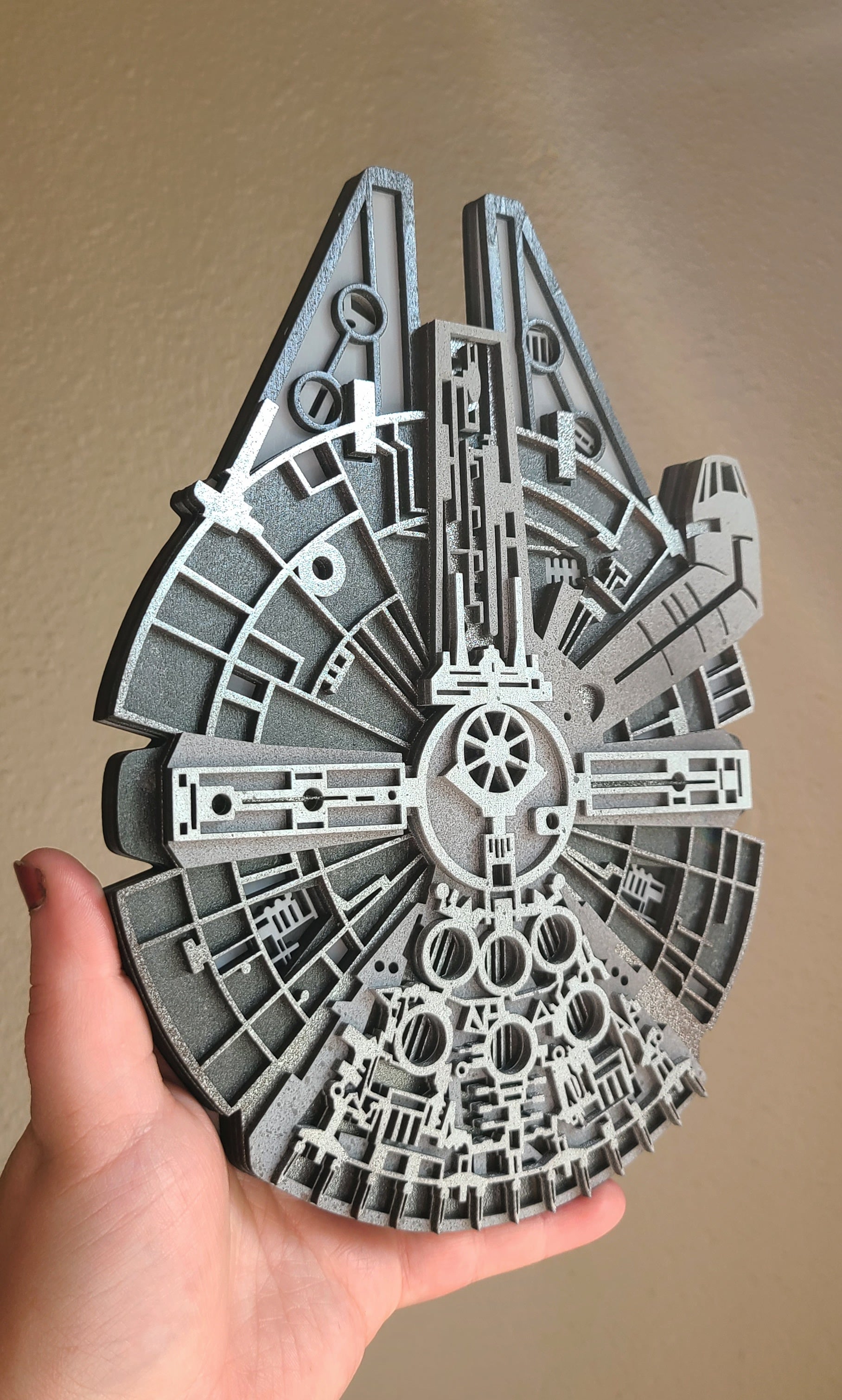 Handmade Made-To-Order 9" Wooden Layered Smuggler Starship Millennium Falcon Movie Inspired Wall Decor