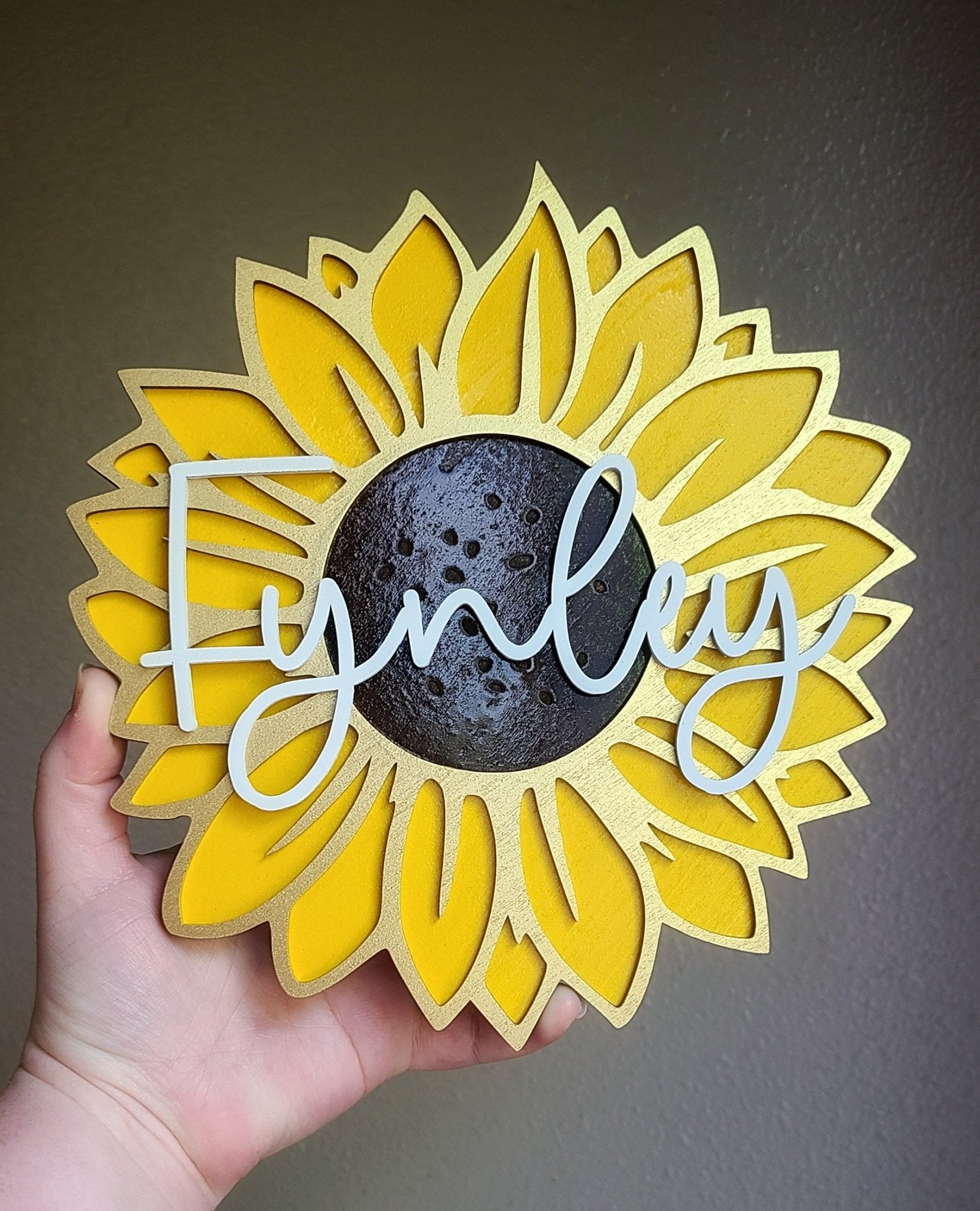 Handmade Made - To - Order 8.5" Personalized Wooden Layered Sunflower Wall Sign - Wynne & Wiley