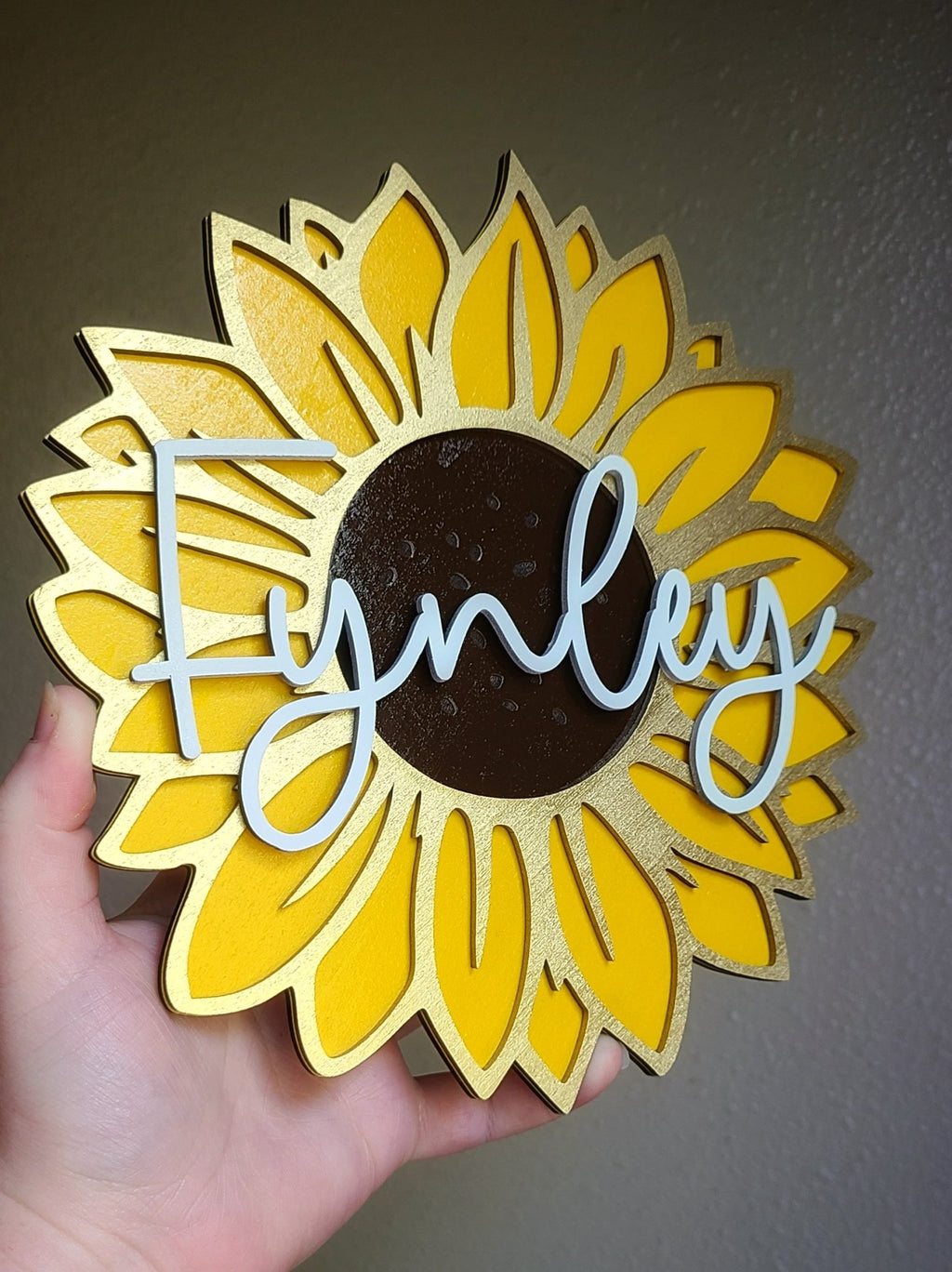 Handmade Made - To - Order 8.5" Personalized Wooden Layered Sunflower Wall Sign - Wynne & Wiley