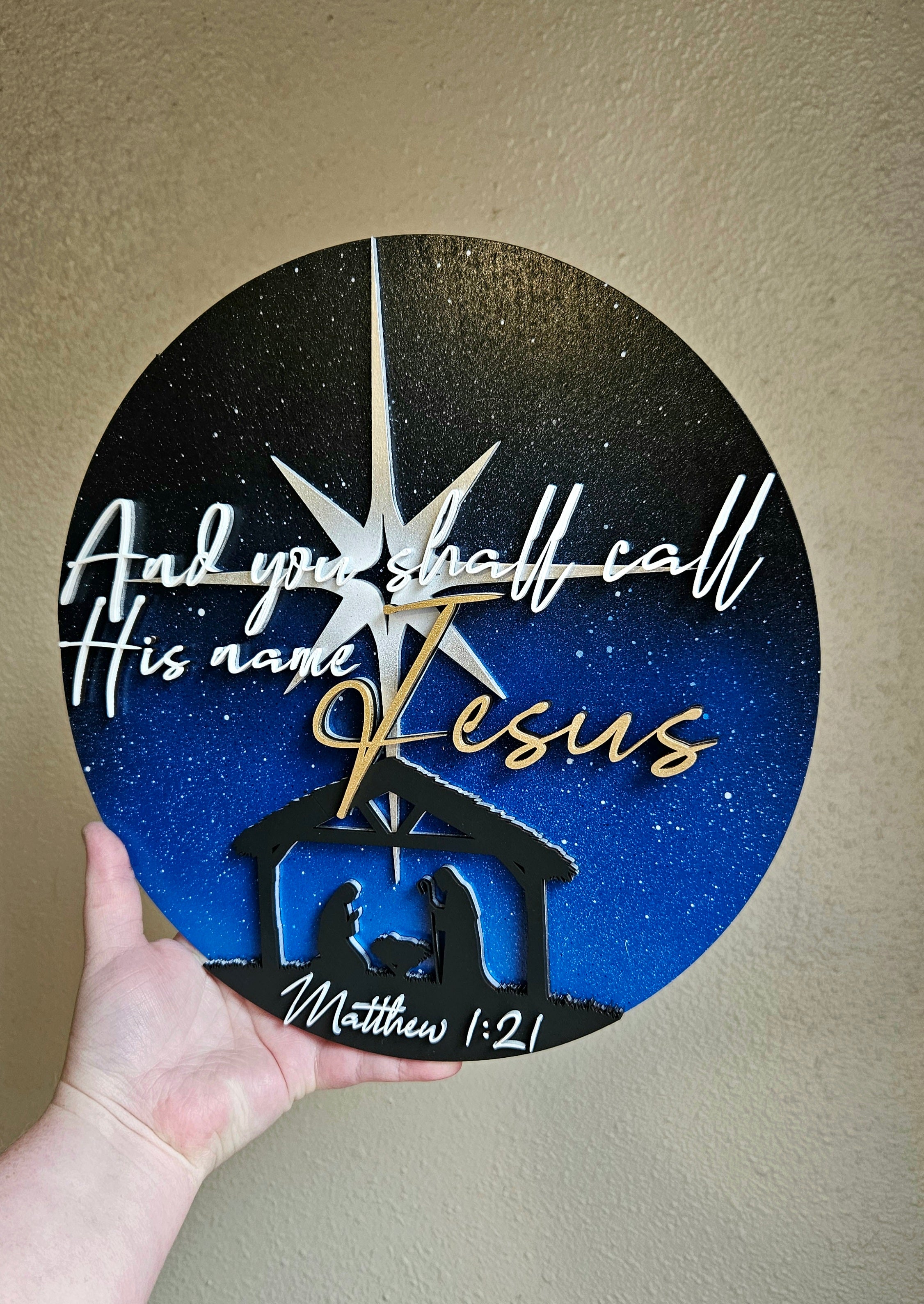 Handmade Made-To-Order 11" Round Wooden Bible Verse Nativity Wall Decor with Mary, Joseph, and Jesus in the Manger