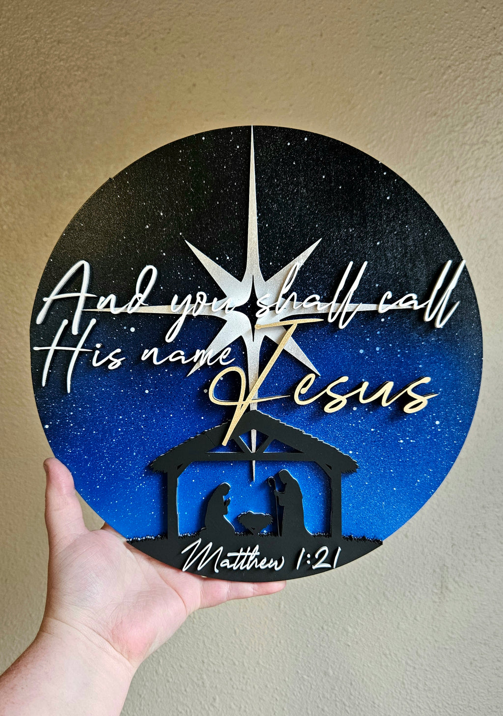 Handmade Made-To-Order 11" Round Wooden Bible Verse Nativity Wall Decor with Mary, Joseph, and Jesus in the Manger
