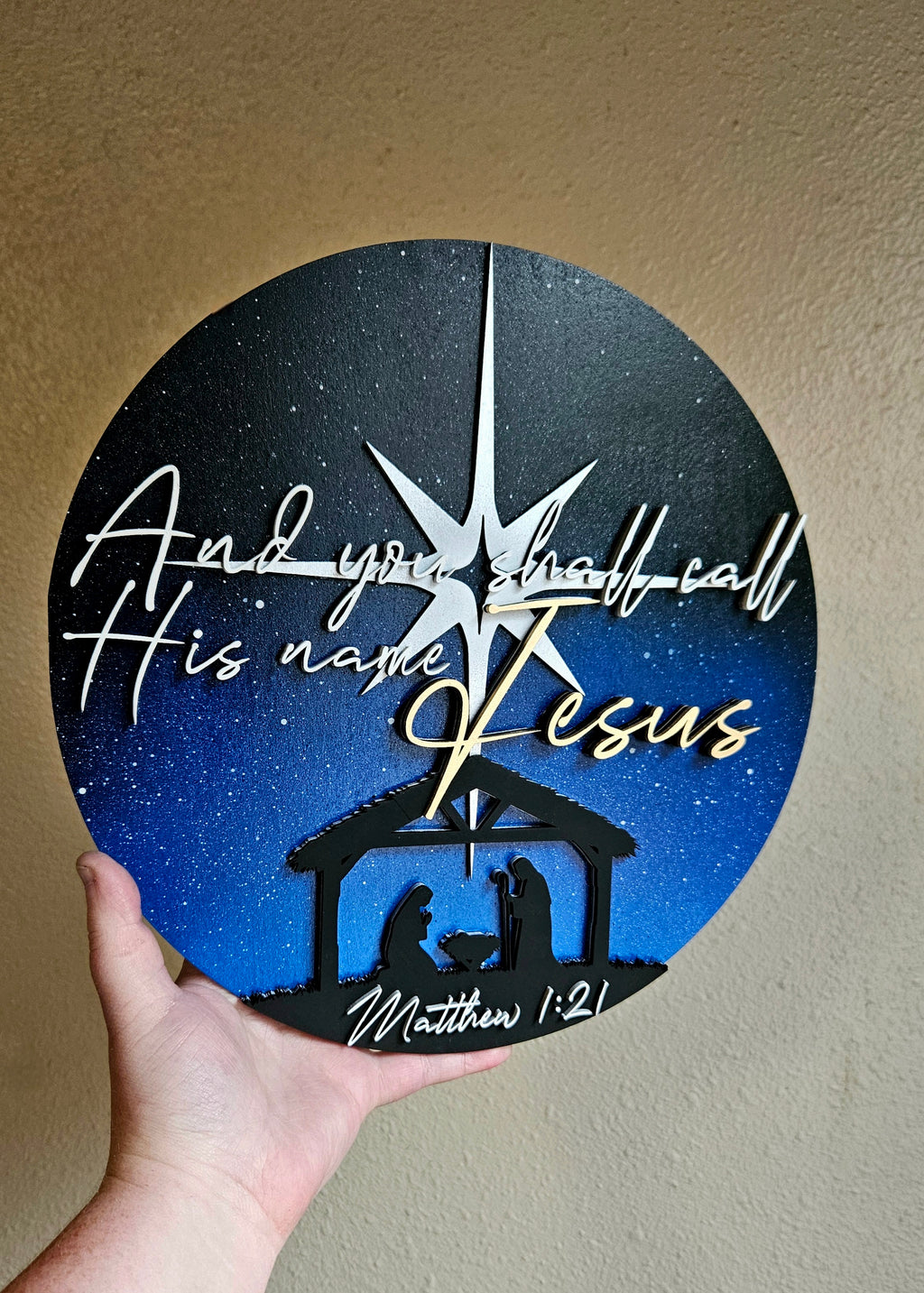 Handmade Made-To-Order 11" Round Wooden Bible Verse Nativity Wall Decor with Mary, Joseph, and Jesus in the Manger