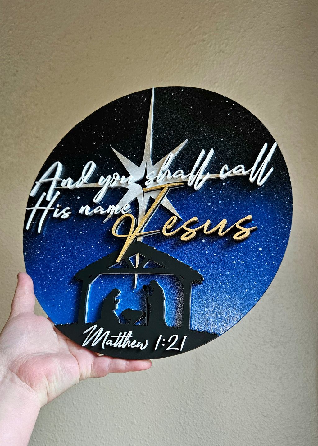 Handmade Made-To-Order 11" Round Wooden Bible Verse Nativity Wall Decor with Mary, Joseph, and Jesus in the Manger