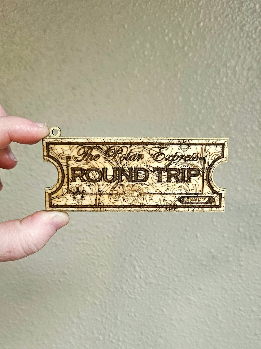 Handmade Made-To-Order Wooden 4" North Polar Train Ticket Christmas Ornament