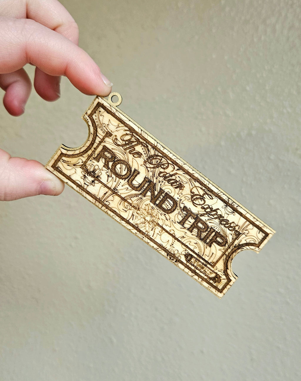 Handmade Made-To-Order Wooden 4" North Polar Train Ticket Christmas Ornament