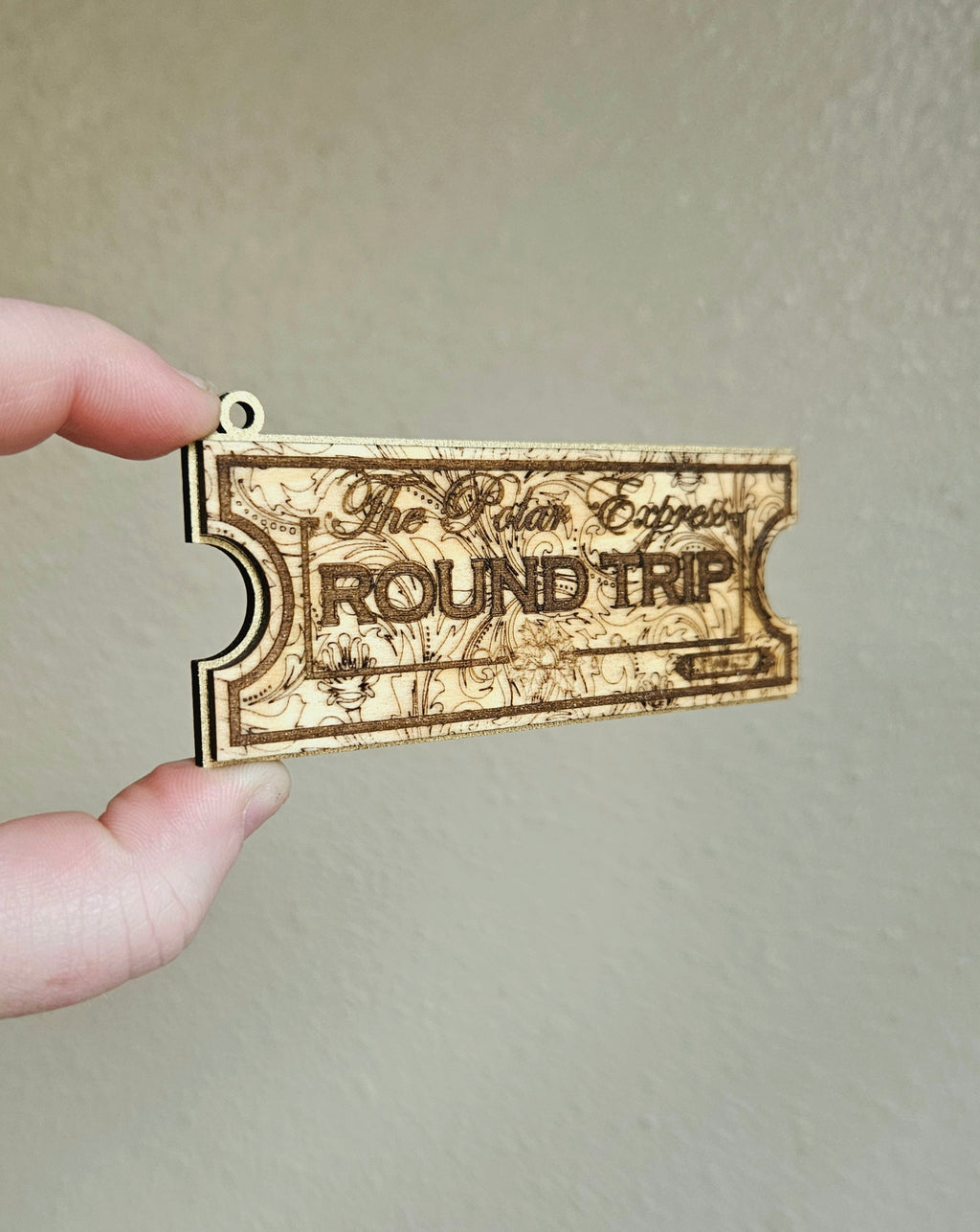 Handmade Made-To-Order Wooden 4" North Polar Train Ticket Christmas Ornament