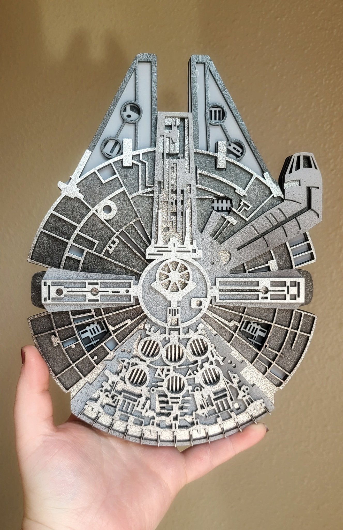 Handmade Made - To - Order 9" Wooden Layered Smuggler Starship Millennium Falcon Movie Inspired Wall Decor - Wynne & Wiley