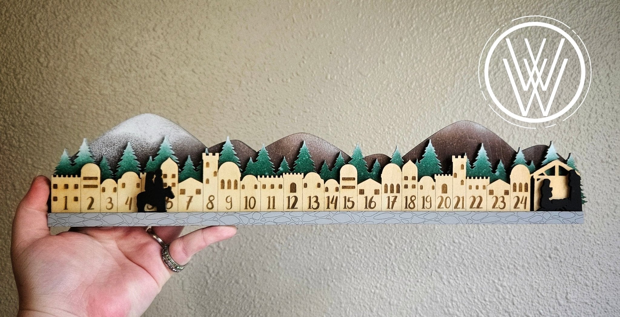 Handmade Made - To - Order 15" Long Wooden Nativity Christmas Calendar of Mary, Joseph, and Baby Jesus Journey to Bethlehem - Wynne & Wiley