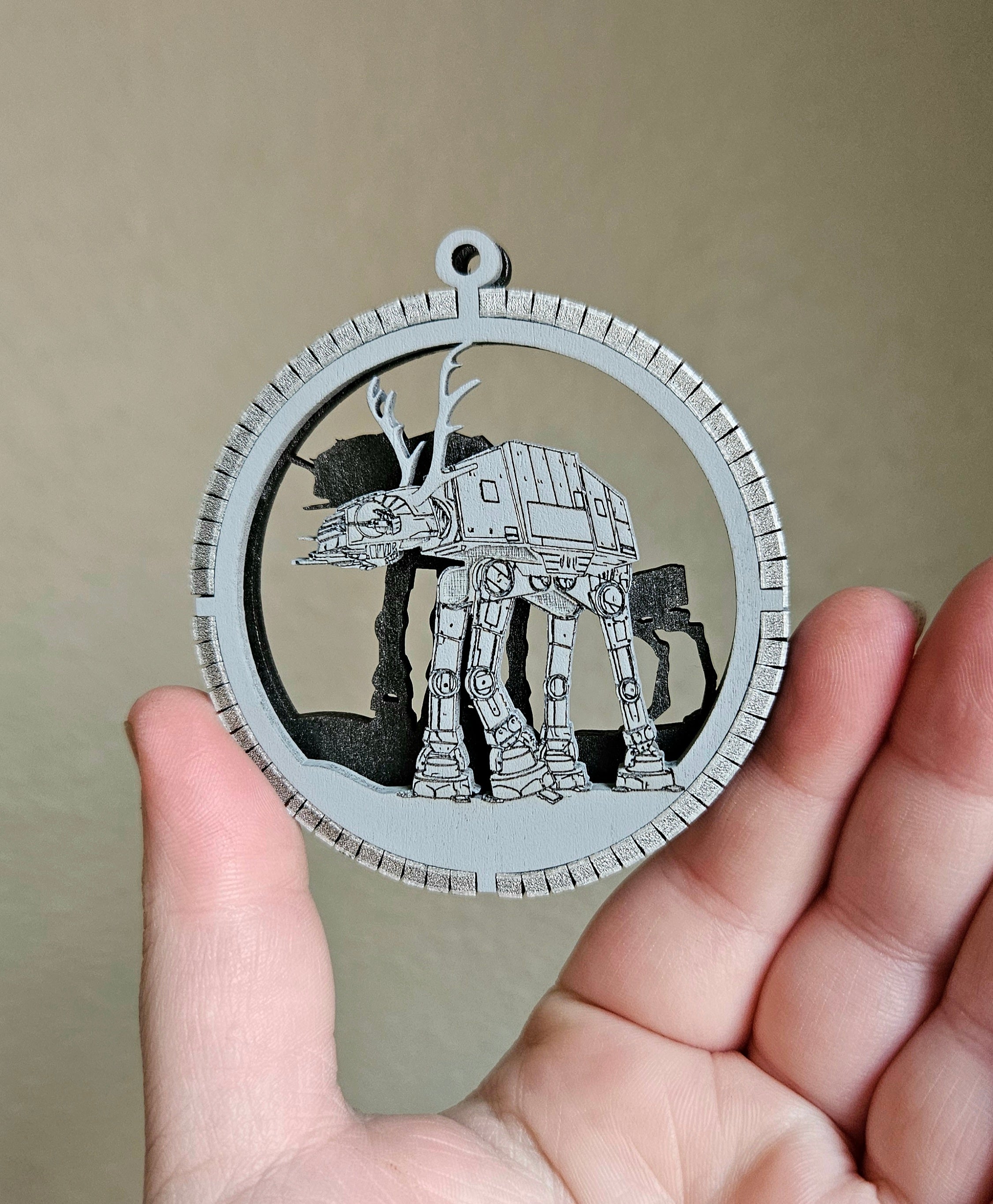 Handmade Made-To- Order 2.8" Wooden Layered AT-AT Reindeer Christmas Ornament