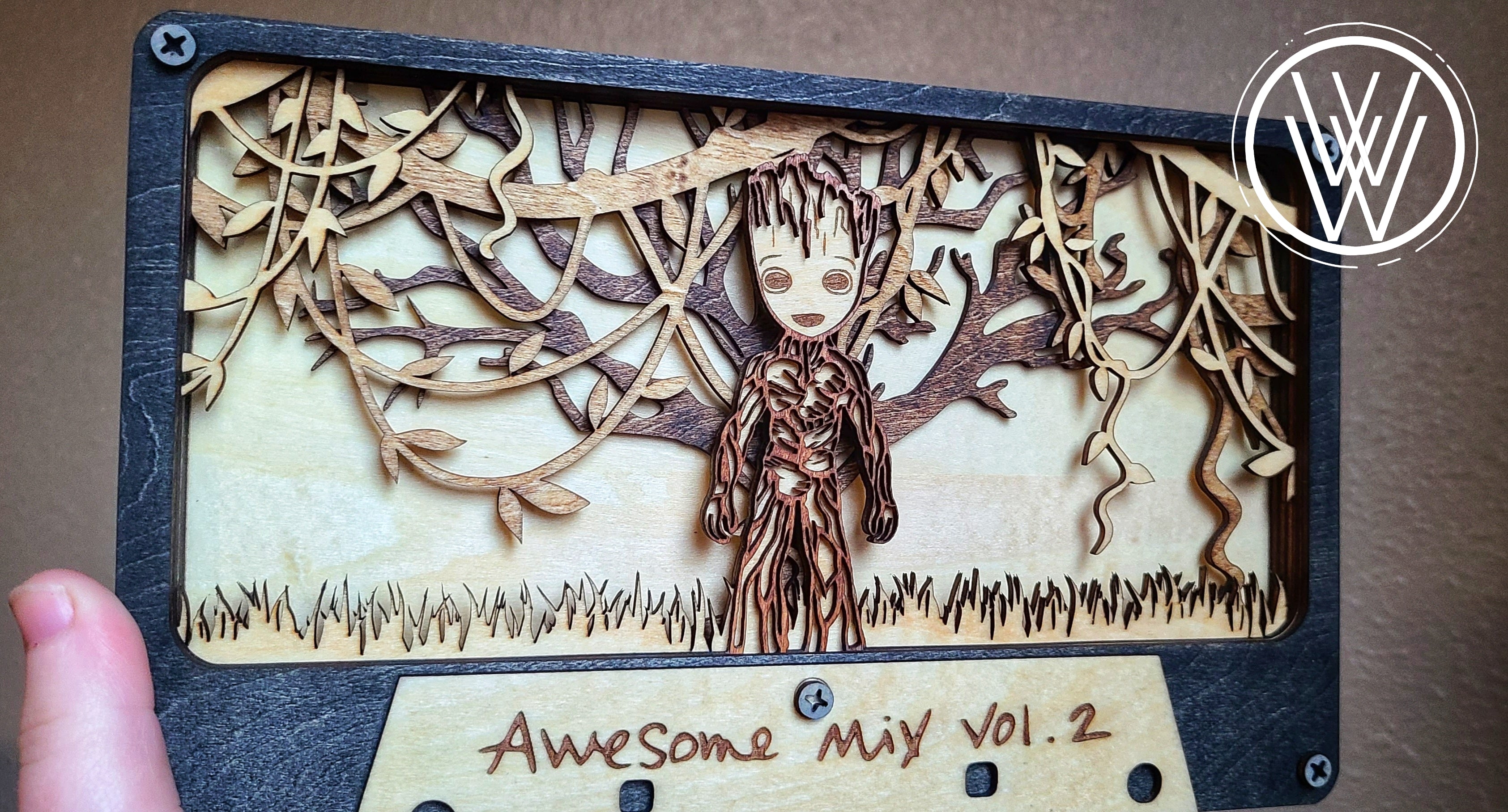 Handmade Made-To-Order 9.3" Wooden Groot Inspired Cassette Wall Decor