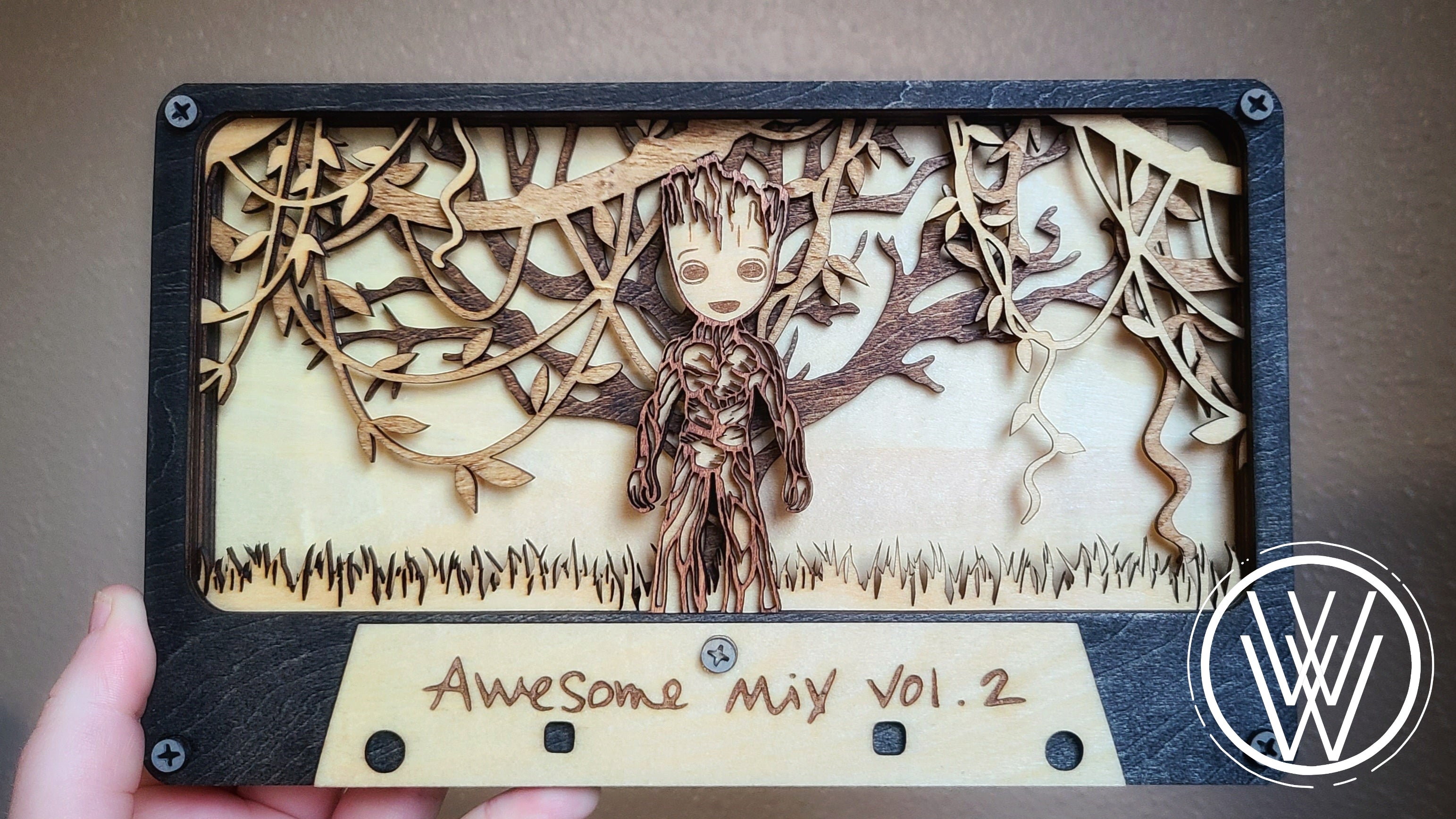 Handmade Made-To-Order 9.3" Wooden Groot Inspired Cassette Wall Decor